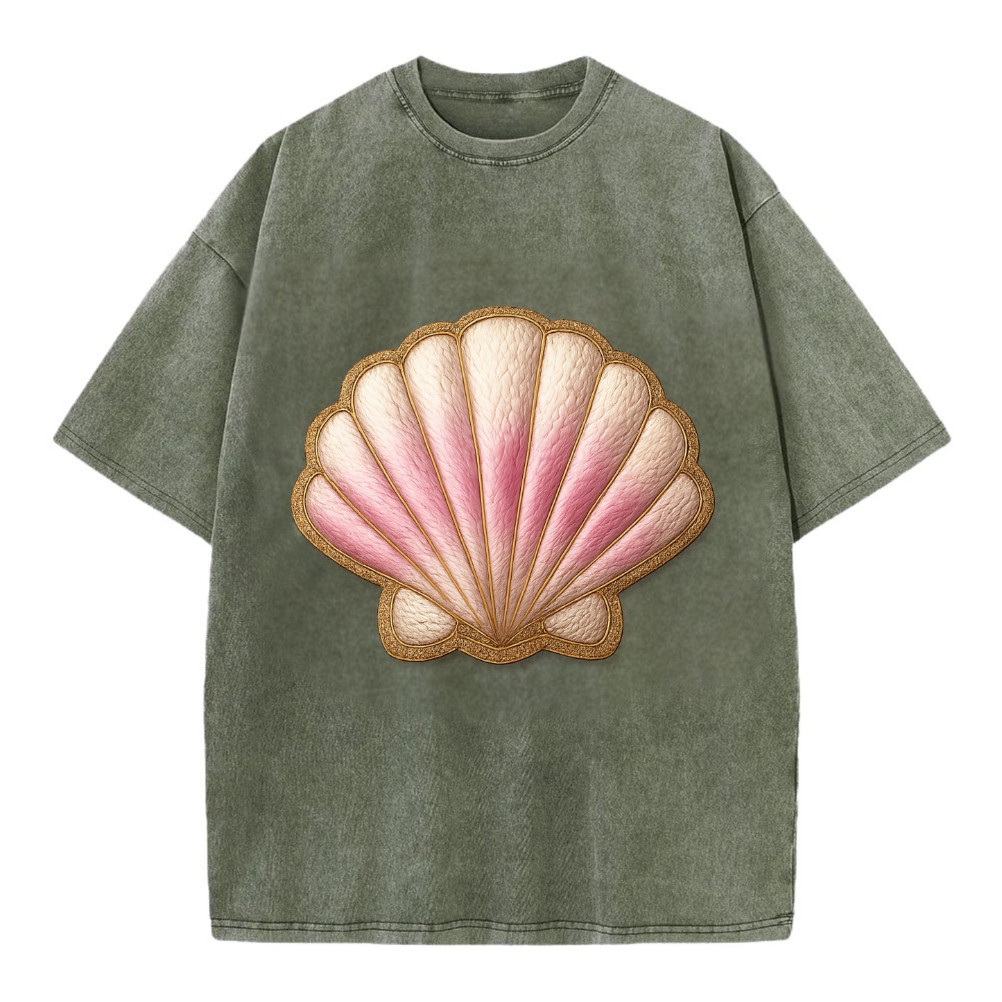 SEASHELL SCALLOP - scallop shell in cream and pink , beach - Vintage T-shirt - Army Green