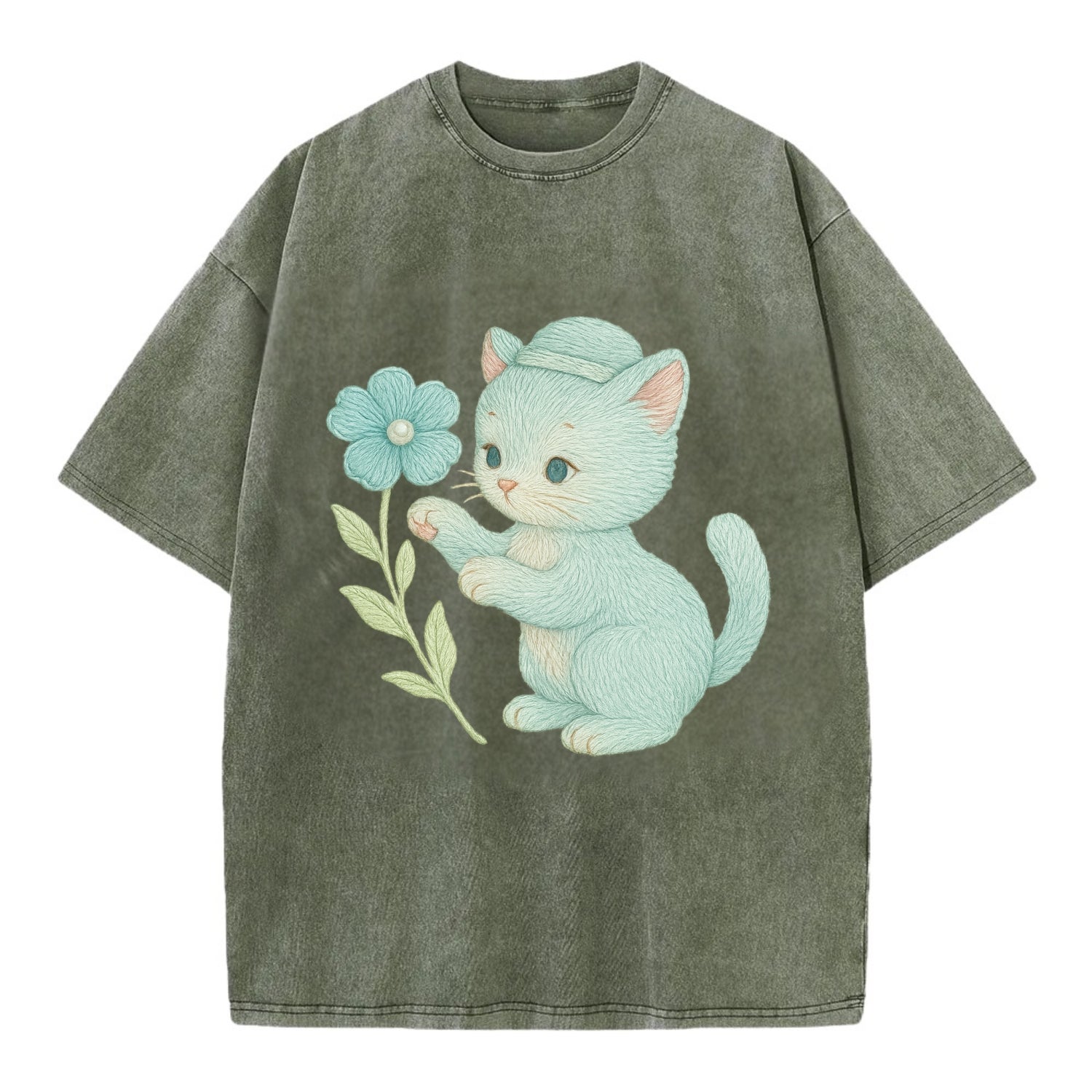 Aqua Kitten - Vintage T-shirt - Army Green