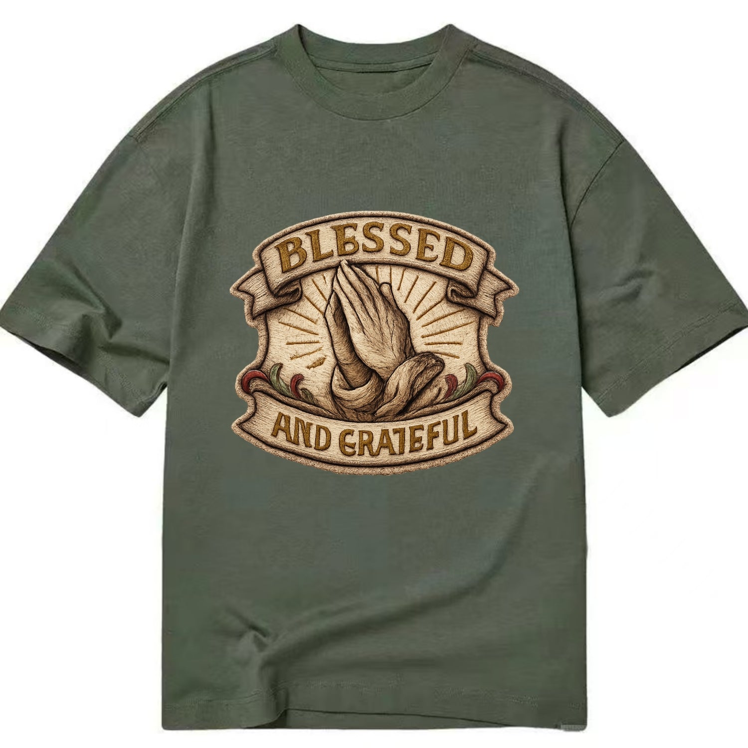 BLESSED AND GRATEFUL - praying hands with text in gold , thankful - Classic T-shirt - Army Green