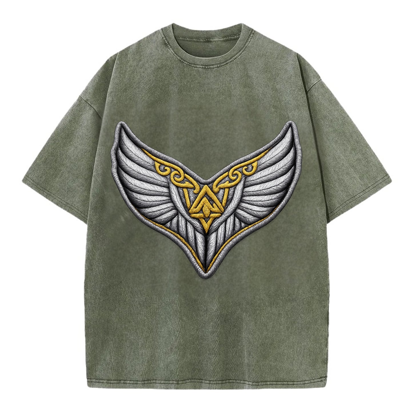 VALKYRIE WINGS - warrior maiden wings in silver and gold , Norse myth - Vintage T-shirt - Army Green