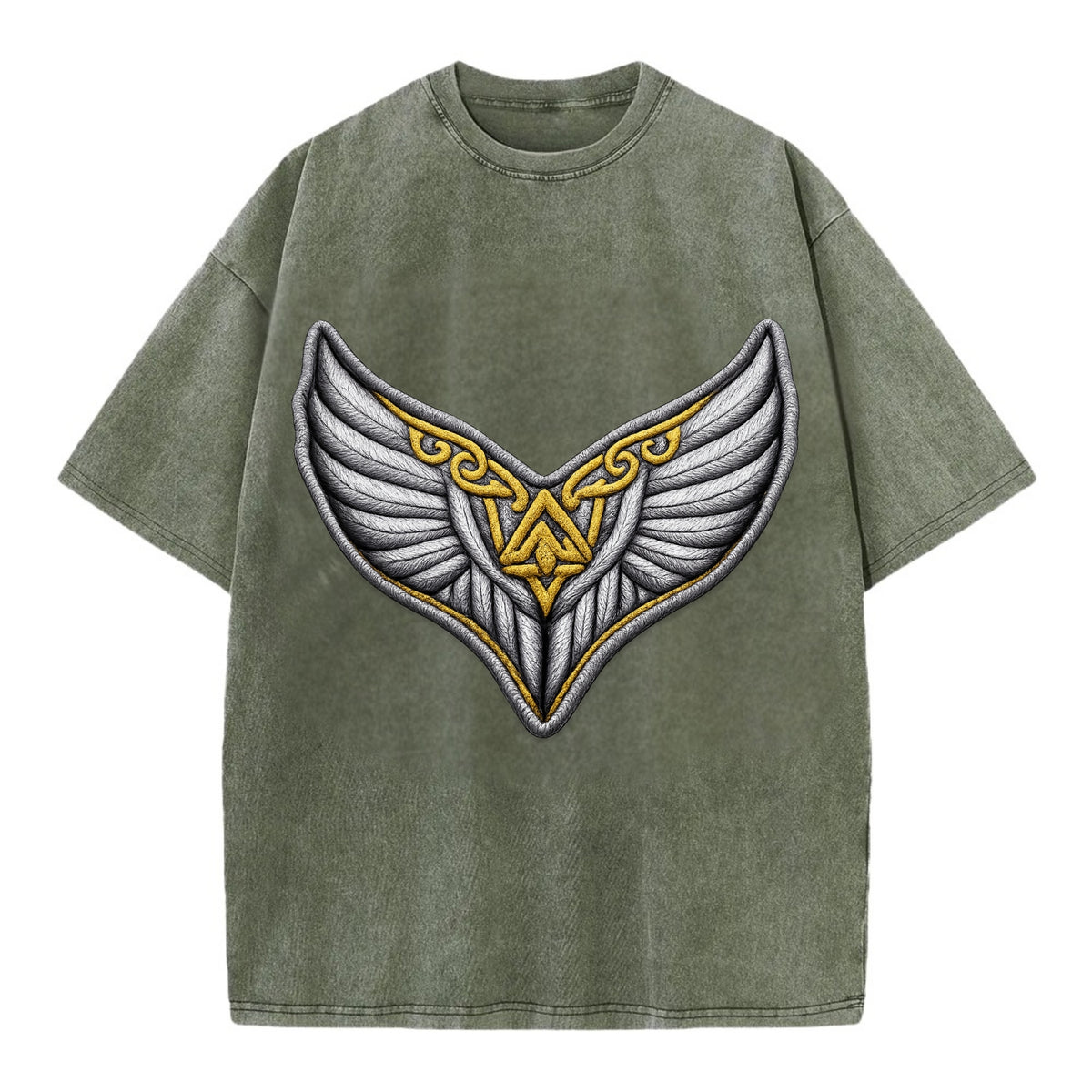 VALKYRIE WINGS - warrior maiden wings in silver and gold , Norse myth - Vintage T-shirt - Army Green