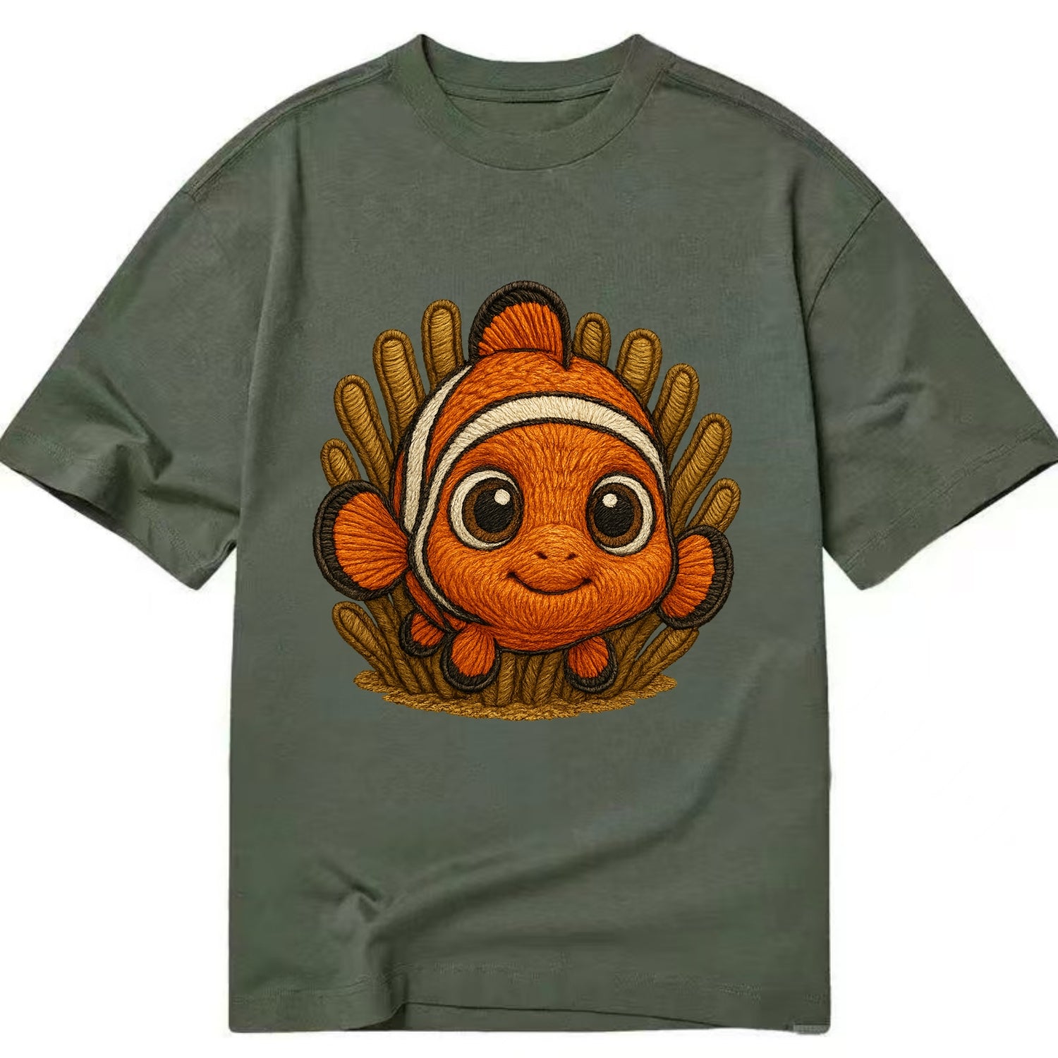 Baby Clownfish - orange with white stripes, big round eyes, front-facing in - Classic T-shirt - Army Green