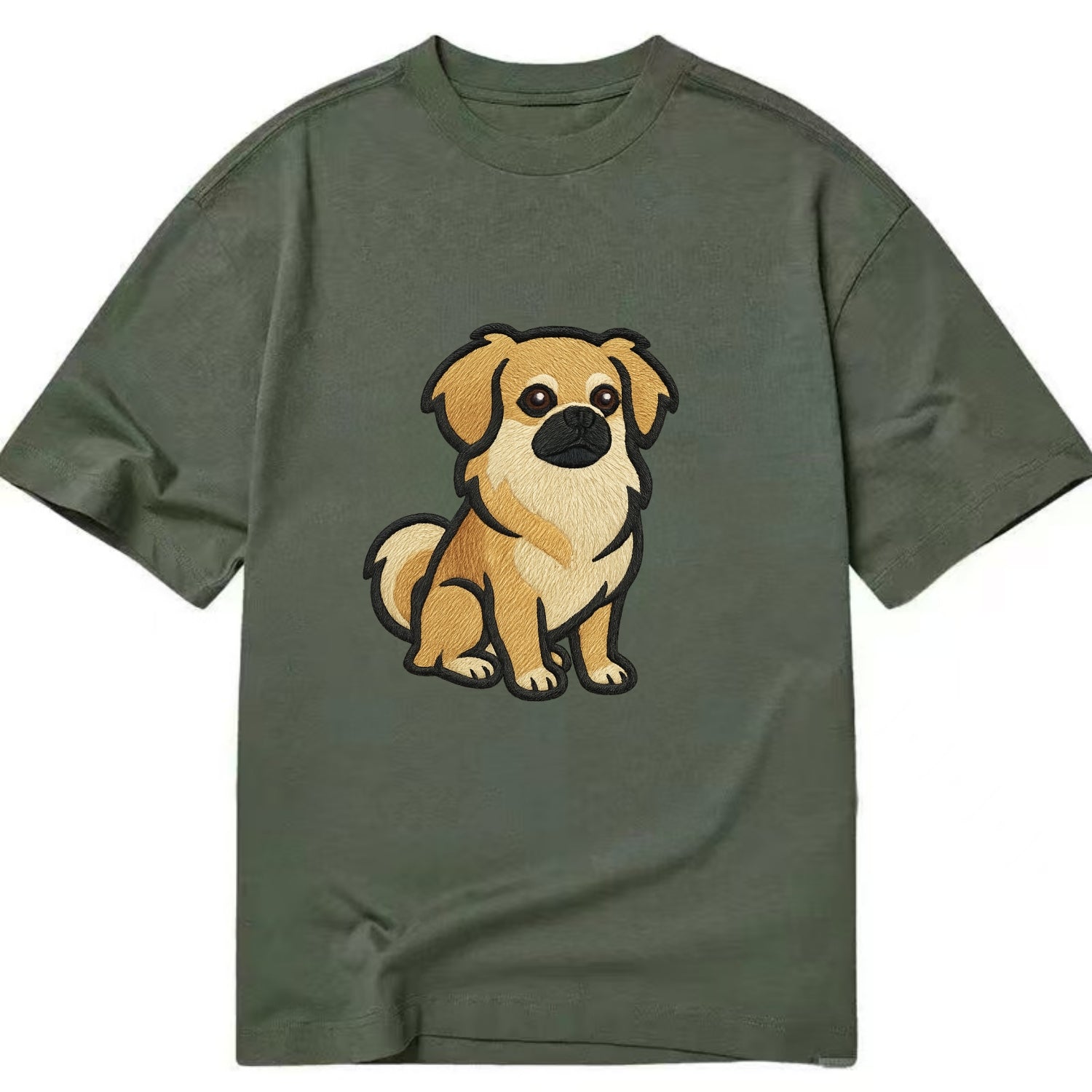 Tibetan Spaniel - Fawn small dog embroidered design - Classic T-shirt - Army Green