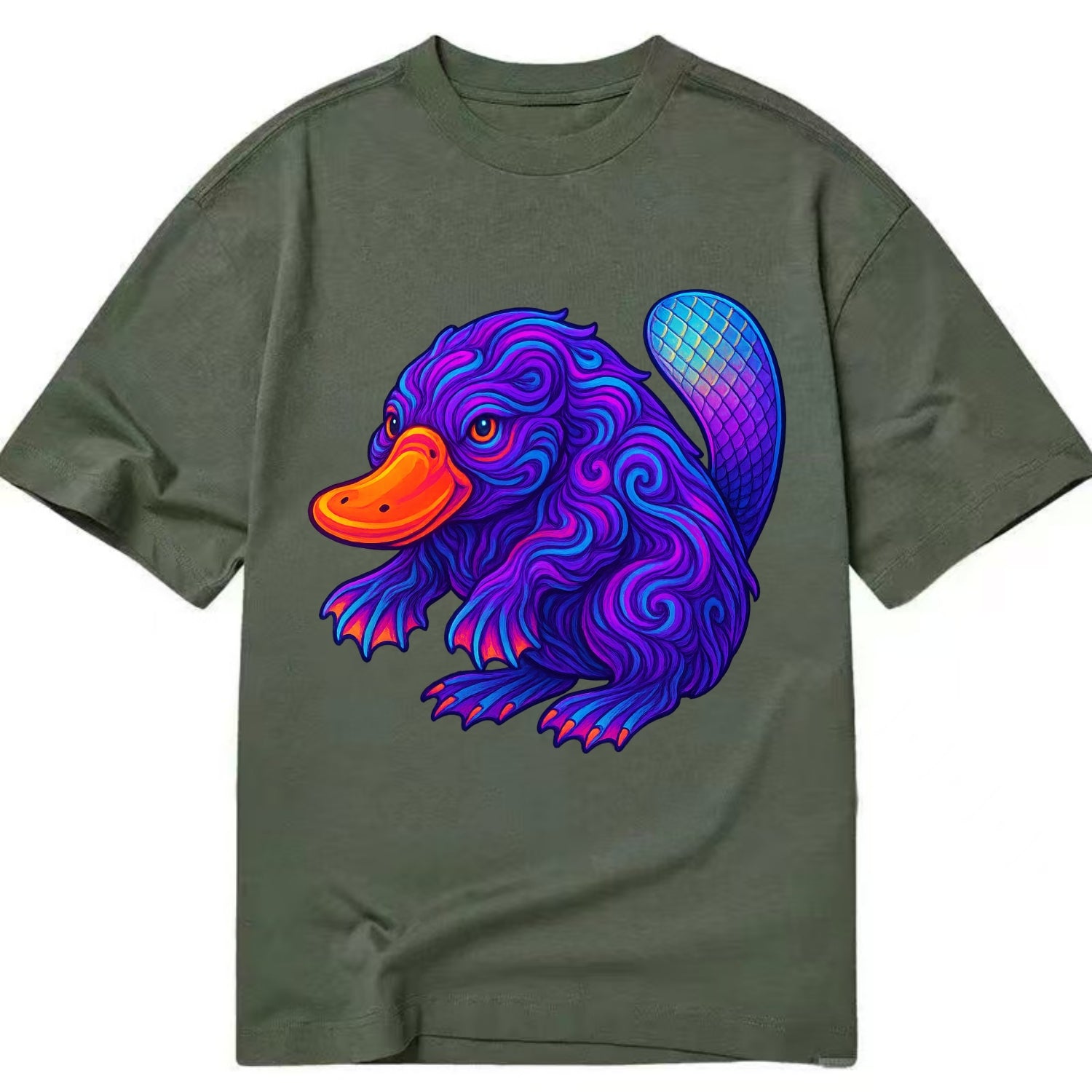 Quirky platypus with bill glowing in neon orange, beaver tail with holographic - Classic T-shirt - Army Green