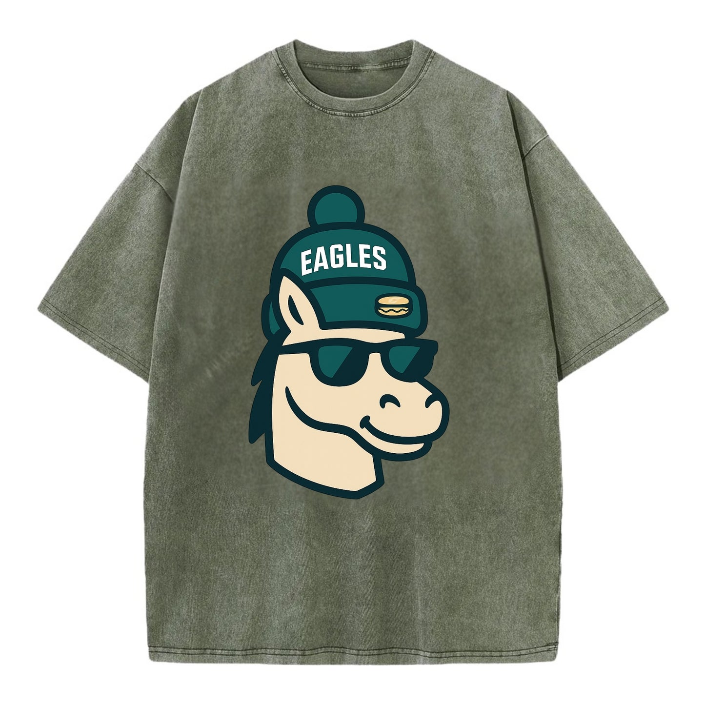 Philadelphia Horse wearing Eagles beanie with cheesesteak patch and wayfarer - Vintage T-shirt - Army Green