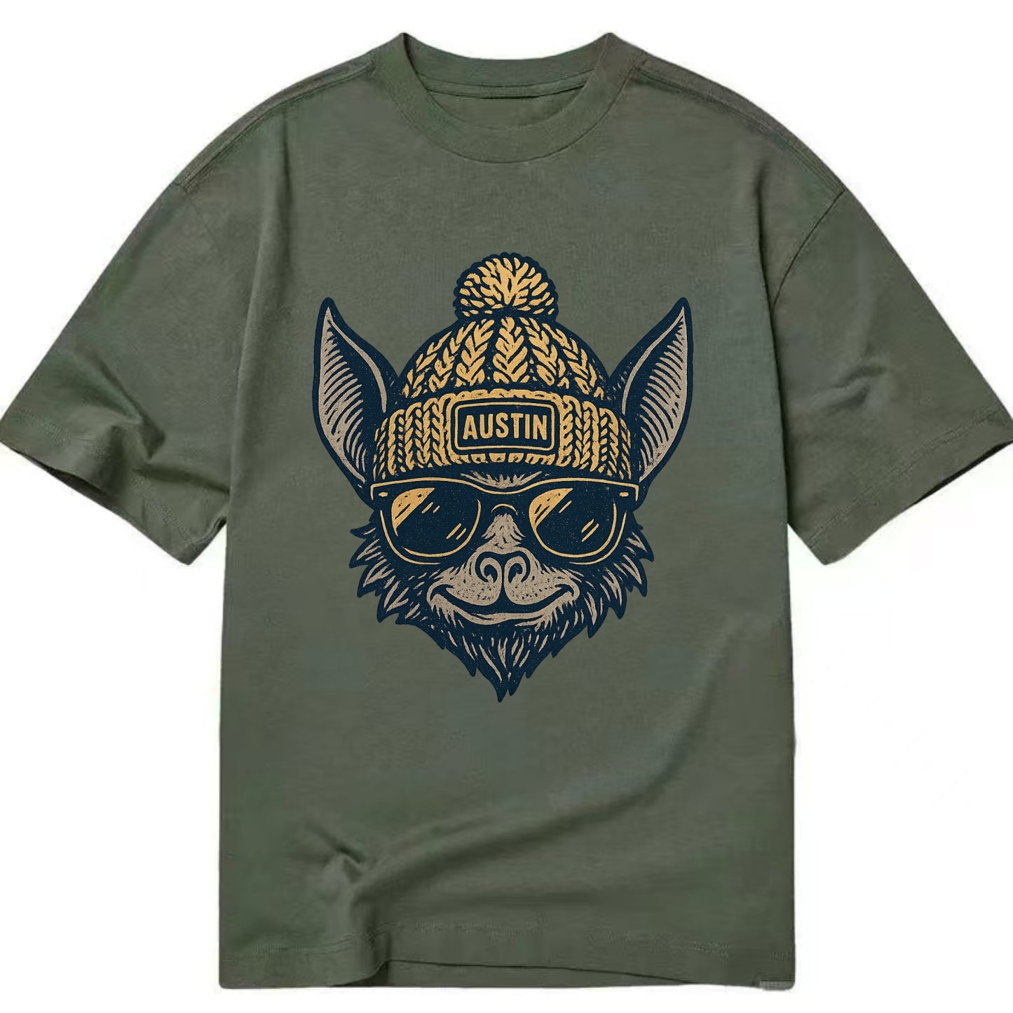 Austin Bat wearing Austin beanie with pom pom and wayfarer sunglasses - Classic T-shirt - Army Green