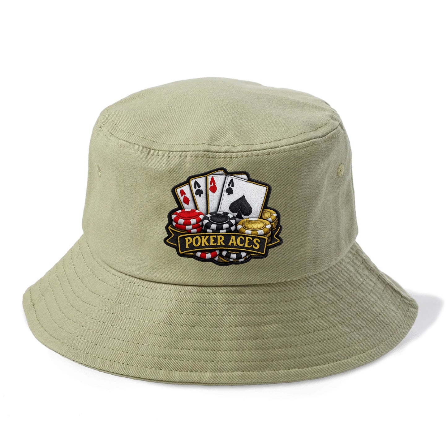 Embroidered patch design - POKER ACES - four aces with chips in red, black and gold - Bucket Hat - Army Green