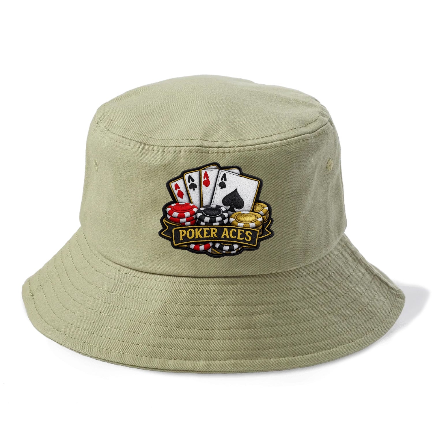 Embroidered patch design - POKER ACES - four aces with chips in red, black and gold - Bucket Hat - Army Green
