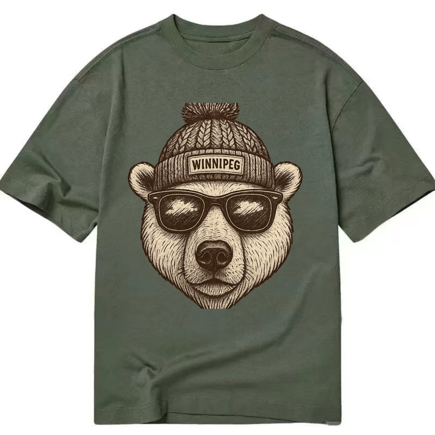 Winnipeg Polar Bear wearing Winnipeg beanie with pom pom and wayfarer sunglasses - Classic T-shirt - Army Green