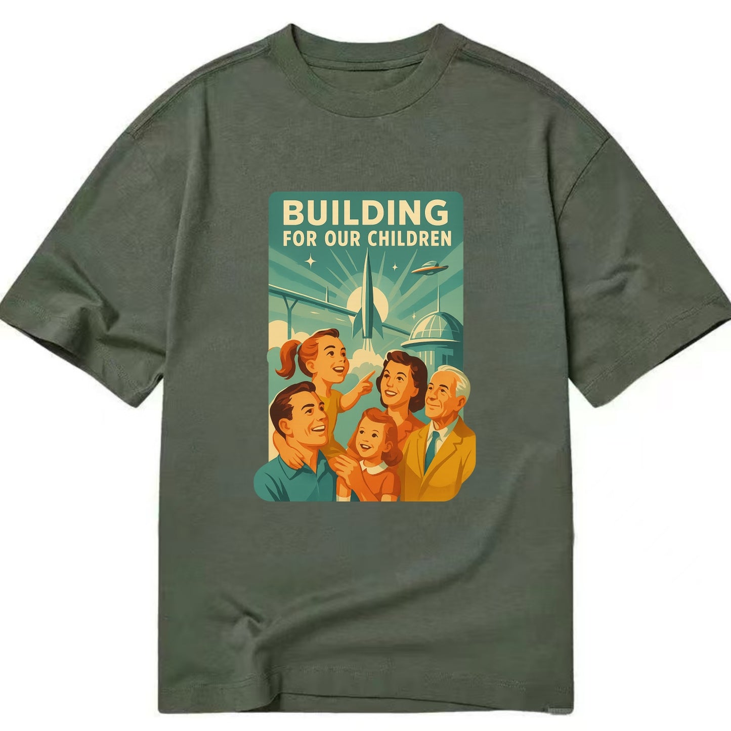 Multiple generations celebrating progress together - "Building for Our Children" - Classic T-shirt - Army Green