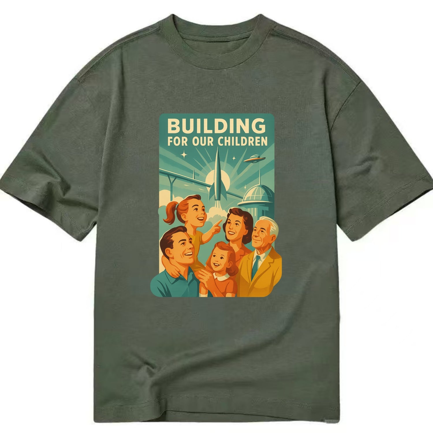 Multiple generations celebrating progress together - "Building for Our Children" - Classic T-shirt - Army Green