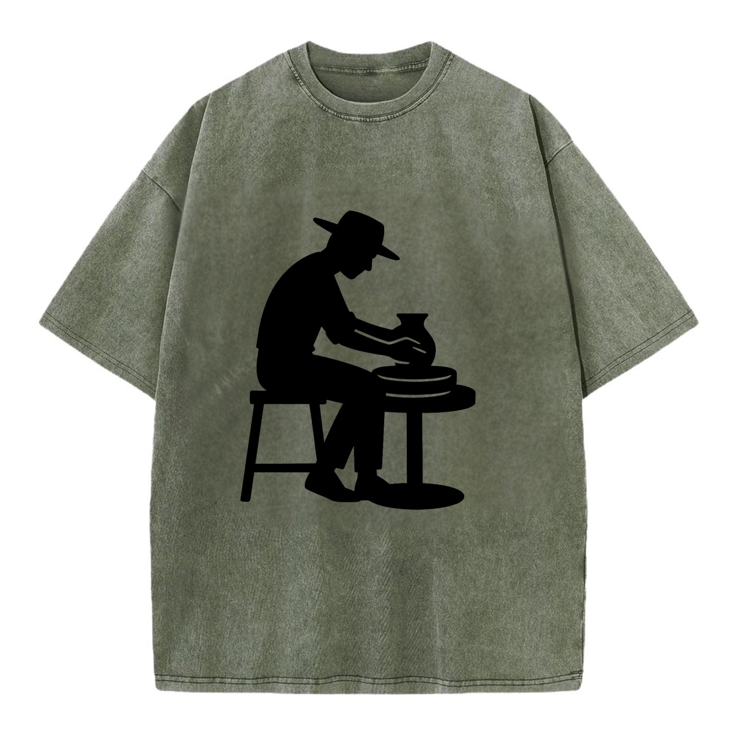 Potter shaping clay on wheel - Vintage T-shirt - Army Green
