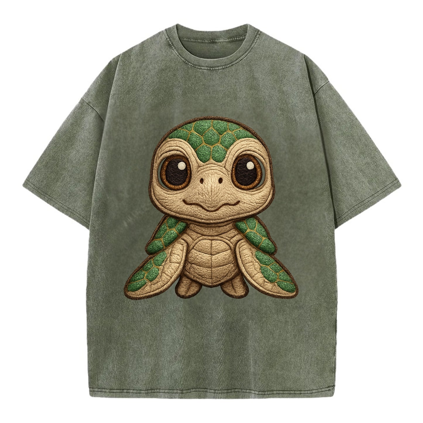 Baby Green Sea Turtle - emerald shell, large innocent brown eyes, tiny flippers, - Vintage T-shirt - Army Green