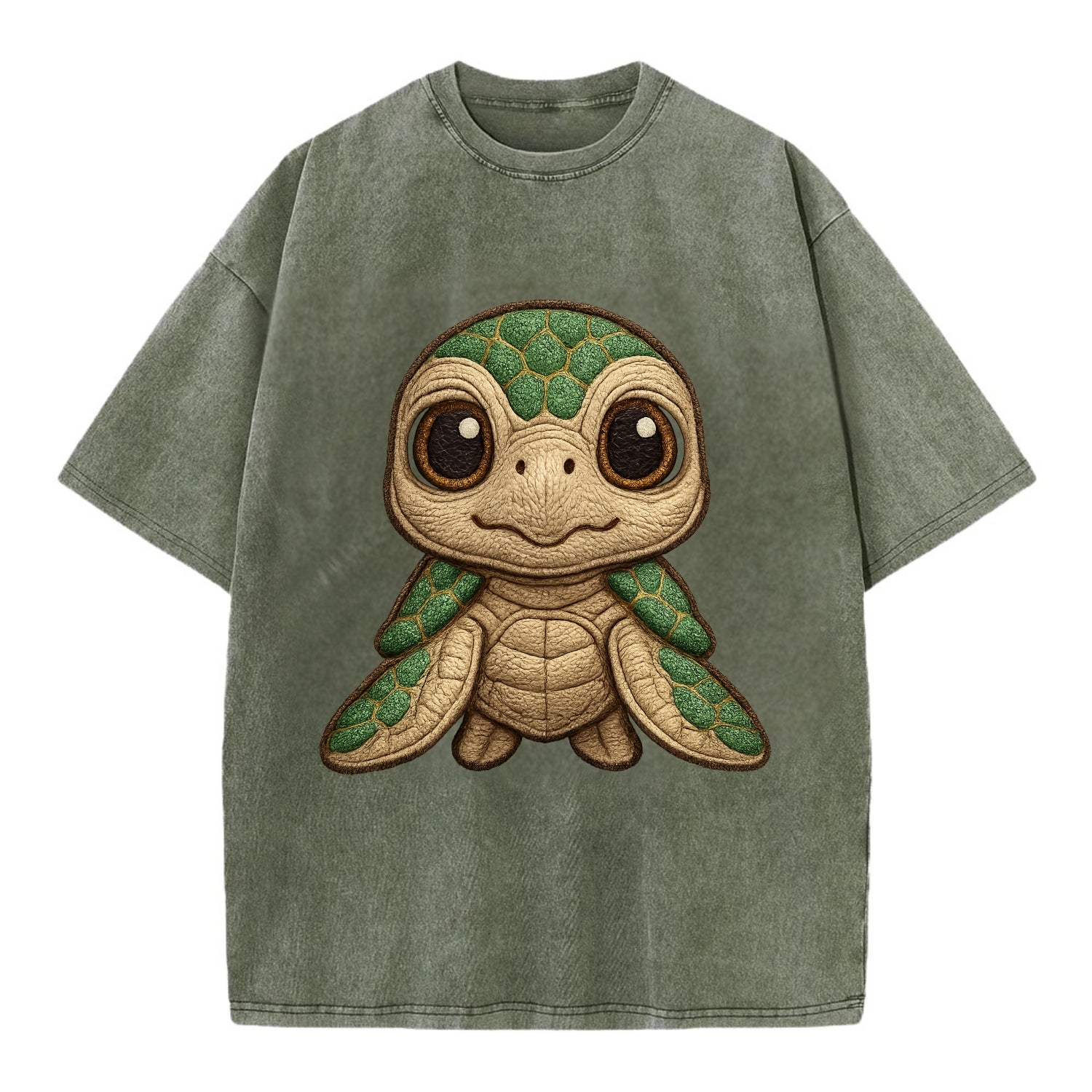 Baby Green Sea Turtle - emerald shell, large innocent brown eyes, tiny flippers, - Vintage T-shirt - Army Green
