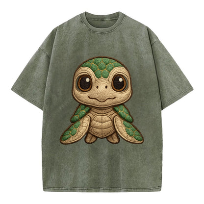 Baby Green Sea Turtle - emerald shell, large innocent brown eyes, tiny flippers, - Vintage T-shirt - Army Green