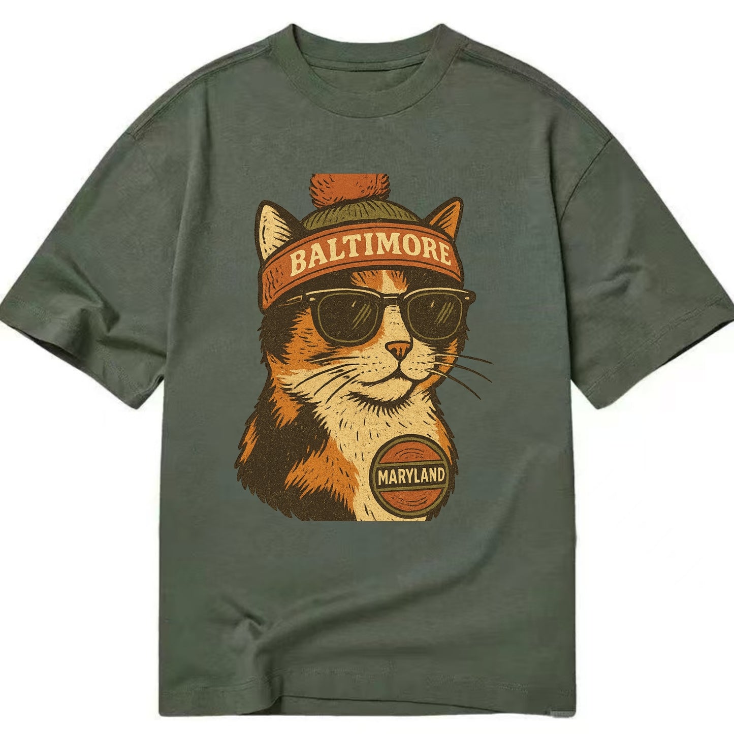 Maryland Calico Cat wearing Baltimore beanie with pom pom and wayfarer sunglasses - Classic T-shirt - Army Green
