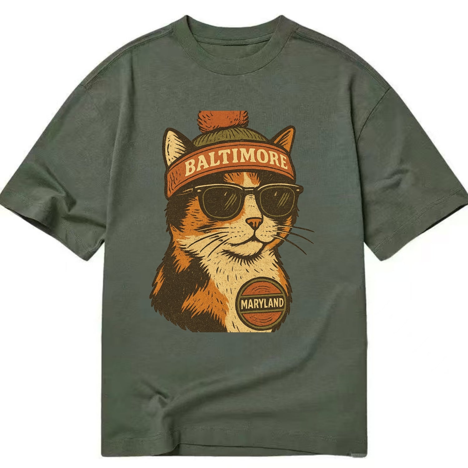 Maryland Calico Cat wearing Baltimore beanie with pom pom and wayfarer sunglasses - Classic T-shirt - Army Green