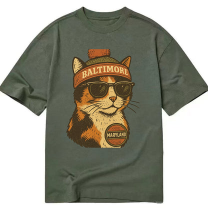 Maryland Calico Cat wearing Baltimore beanie with pom pom and wayfarer sunglasses - Classic T-shirt - Army Green