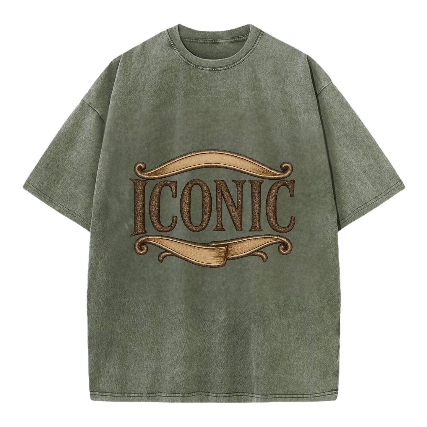 Bold typography design - "ICONIC" - instantly recognizable, trendsetter - Vintage T-shirt - Army Green