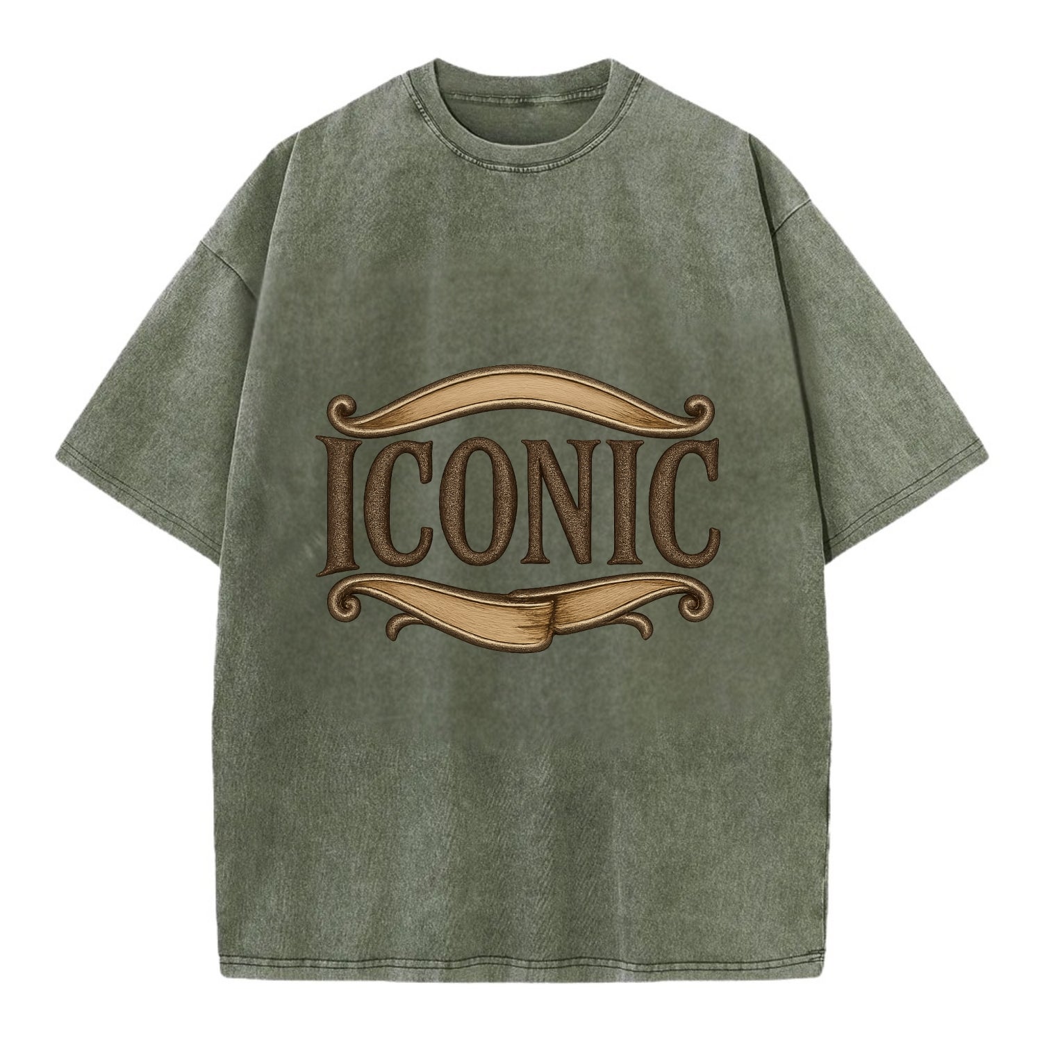 Bold typography design - "ICONIC" - instantly recognizable, trendsetter - Vintage T-shirt - Army Green