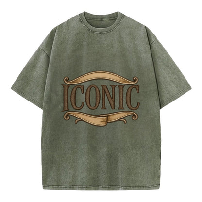 Bold typography design - "ICONIC" - instantly recognizable, trendsetter - Vintage T-shirt - Army Green