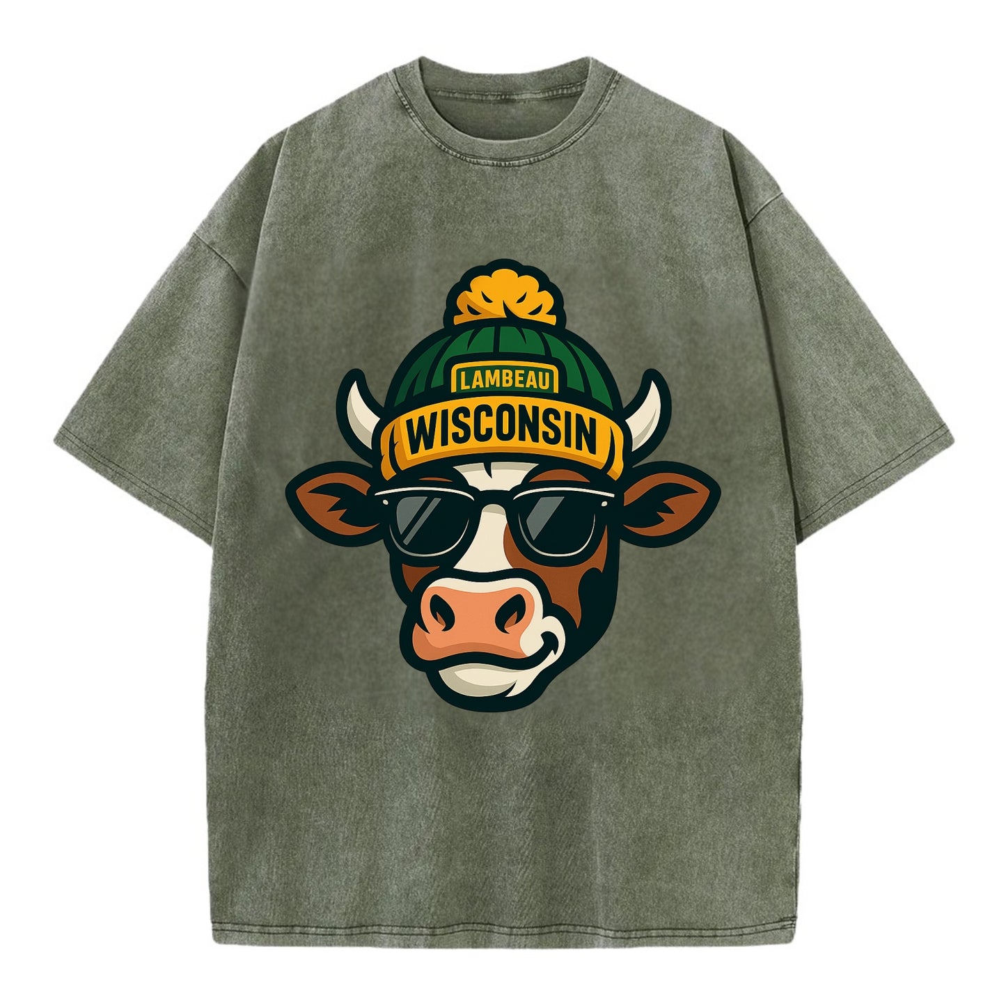 Wisconsin Cow wearing Packers beanie with Lambeau patch and wayfarer sunglasses - Vintage T-shirt - Army Green