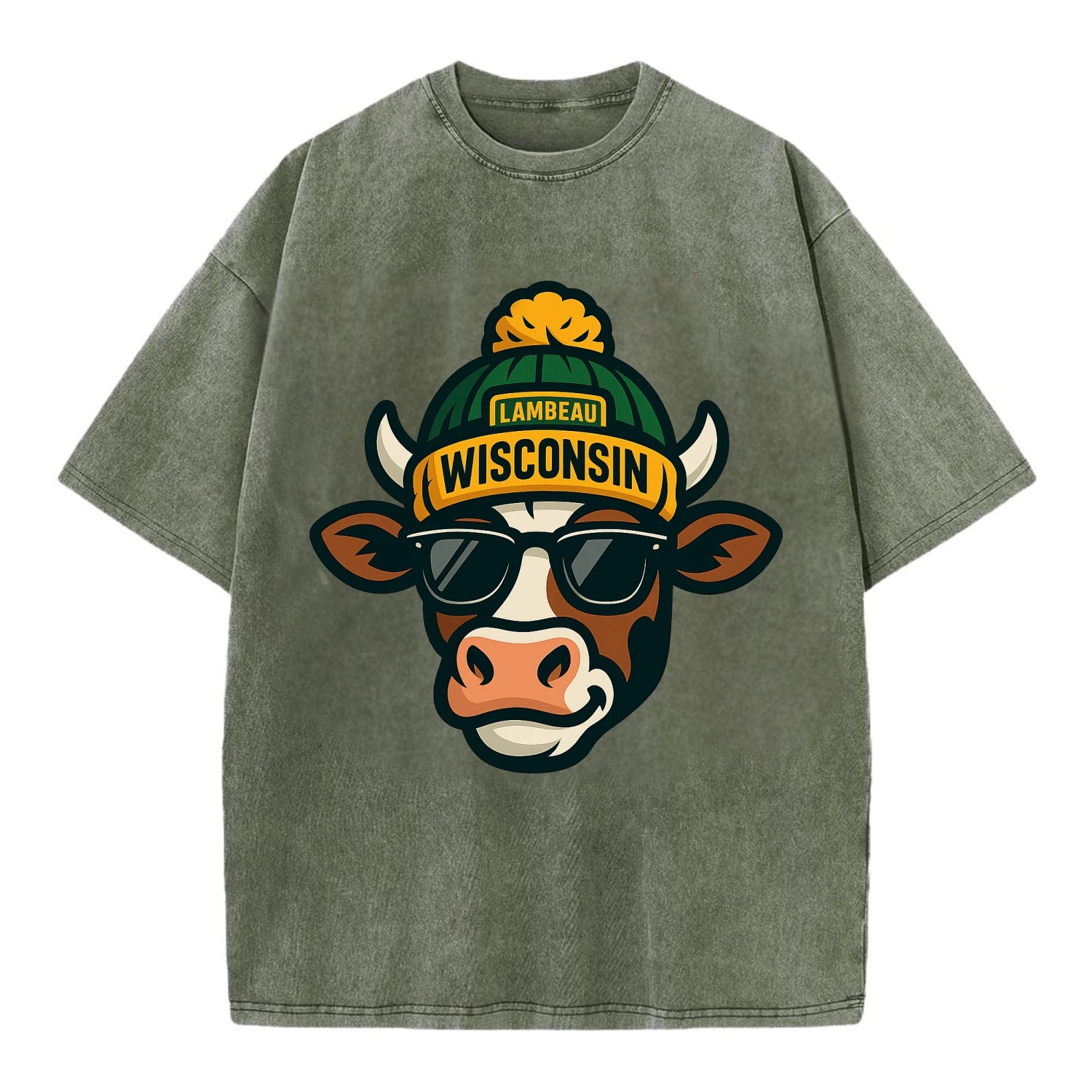 Wisconsin Cow wearing Packers beanie with Lambeau patch and wayfarer sunglasses - Vintage T-shirt - Army Green