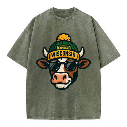 Wisconsin Cow wearing Packers beanie with Lambeau patch and wayfarer sunglasses - Vintage T-shirt - Army Green