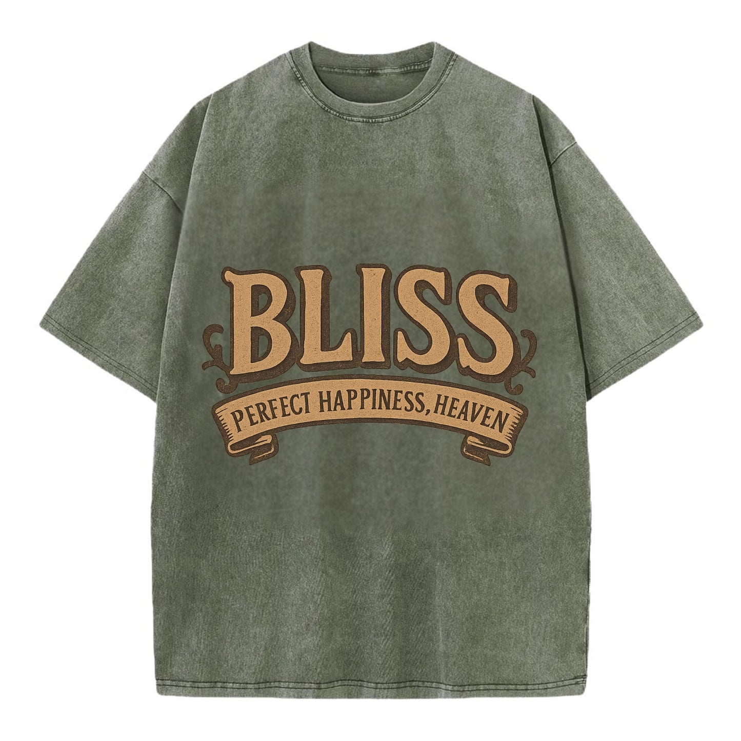 Bold typography design - "BLISS" - perfect happiness, heaven - Vintage T-shirt - Army Green