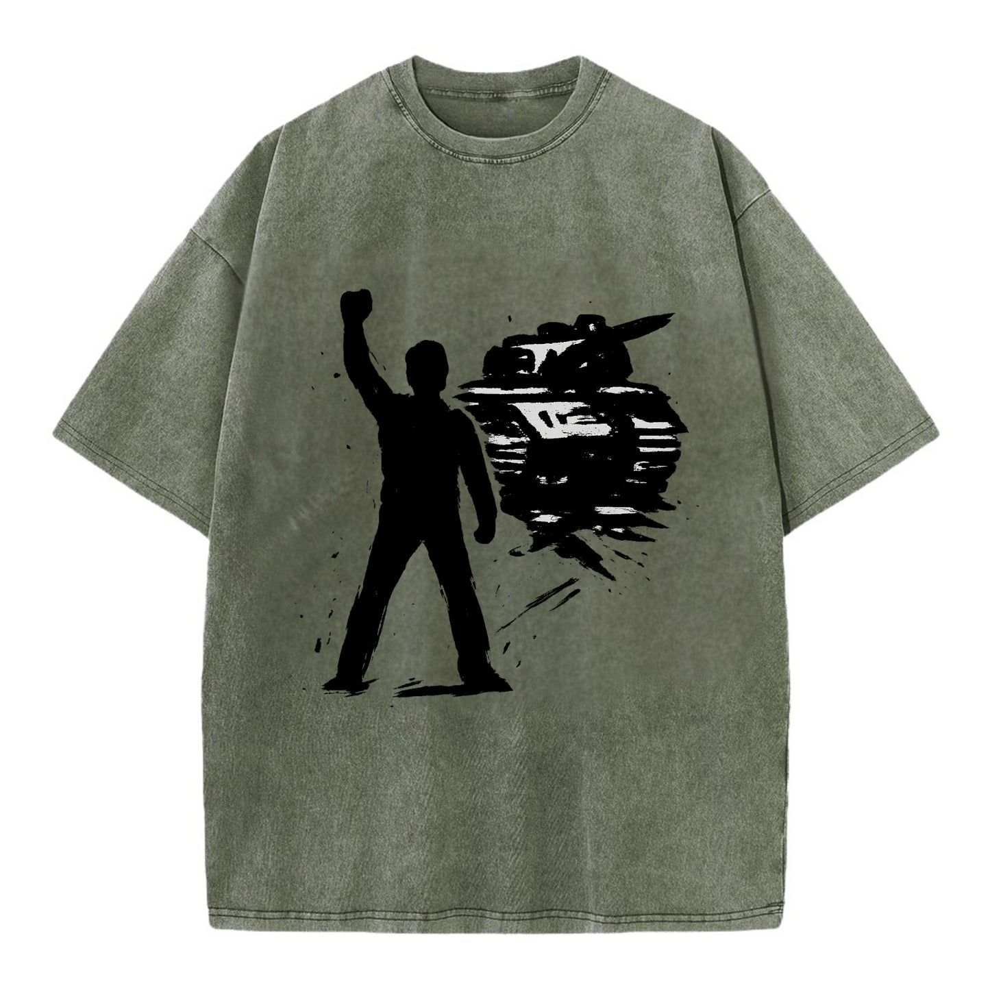 Single figure standing against tank - courage and resistance ink art - Vintage T-shirt - Army Green