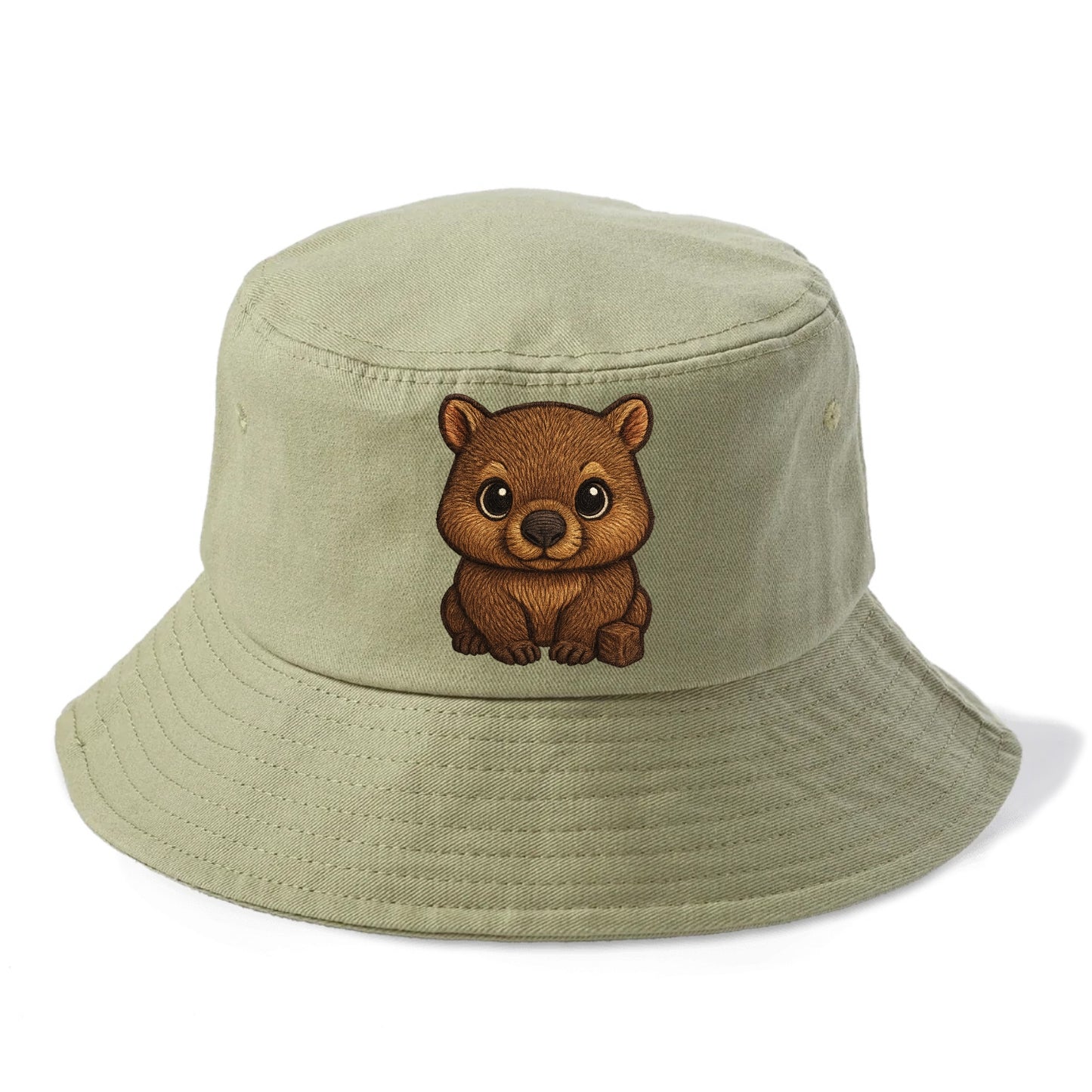 Baby Wombat - brown fur, square nose, small ears, dark eyes, front-facing, cube poop - Bucket Hat - Army Green