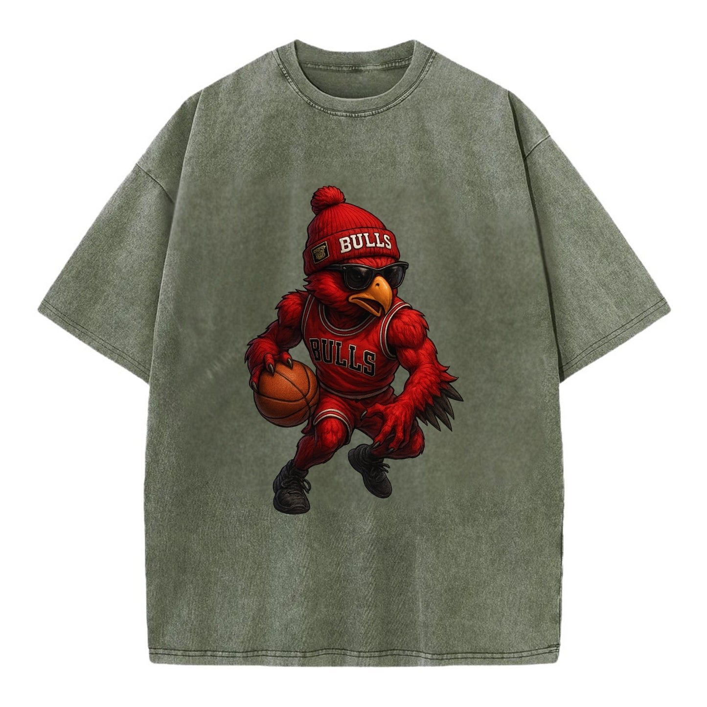 Windy City Hawk wearing Bulls beanie with six rings patch and wayfarer sunglasses - Vintage T-shirt - Army Green