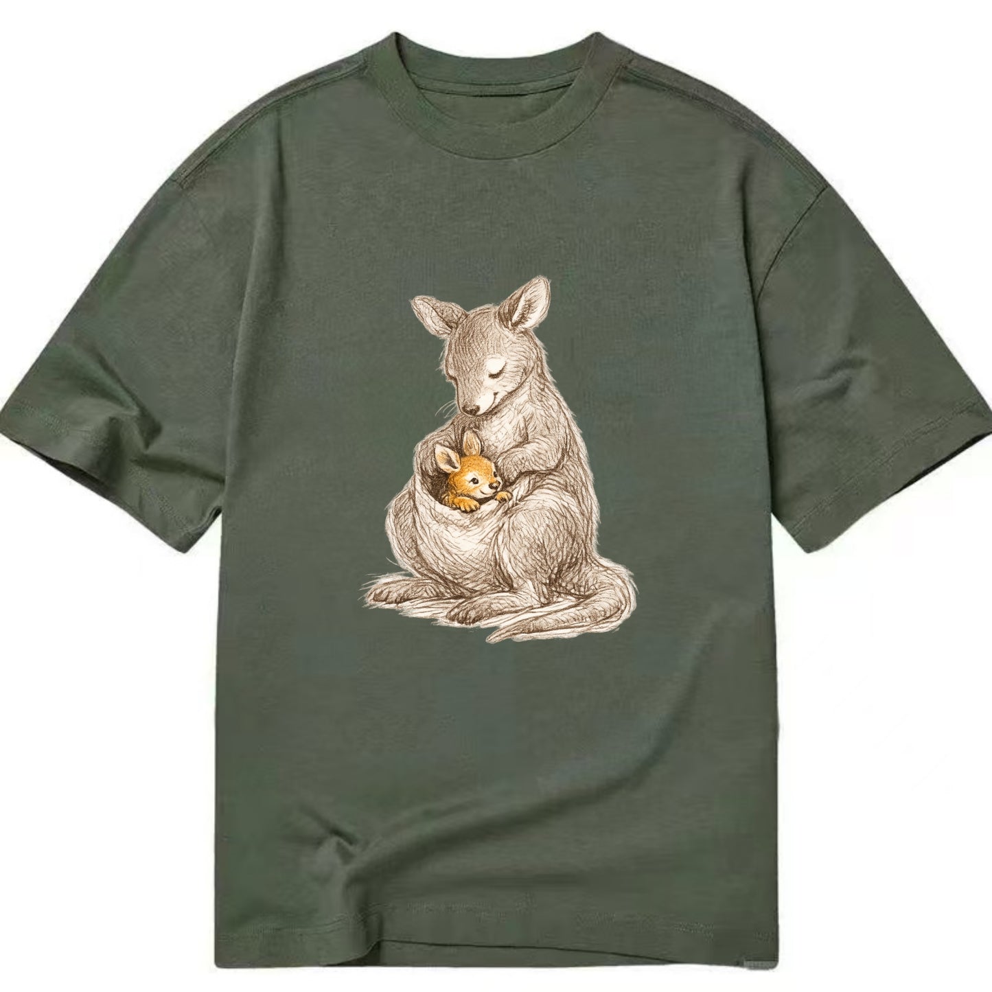 MOTHER'S POUCH | Kangaroo maternal embrace | Joey safe inside | Protective love | - Classic T-shirt - Army Green
