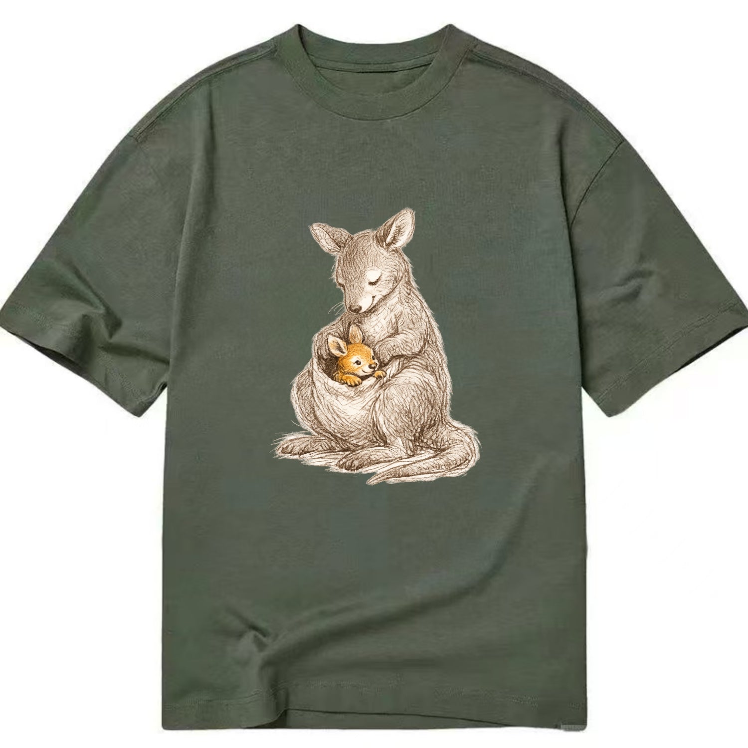 MOTHER'S POUCH | Kangaroo maternal embrace | Joey safe inside | Protective love | - Classic T-shirt - Army Green