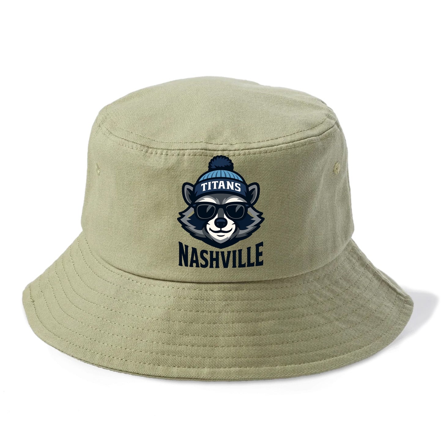 Nashville Raccoon wearing Titans navy and light blue beanie with pom pom and wayfarer - Bucket Hat - Army Green