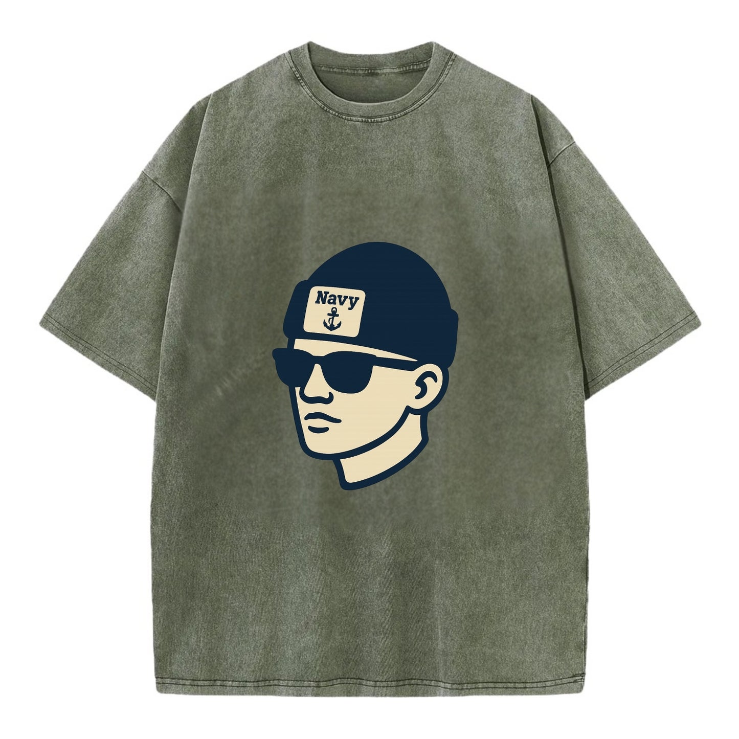 Annapolis Midshipman wearing Navy beanie with anchor patch - Vintage T-shirt - Army Green