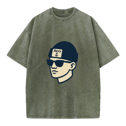 Annapolis Midshipman wearing Navy beanie with anchor patch - Vintage T-shirt - Army Green