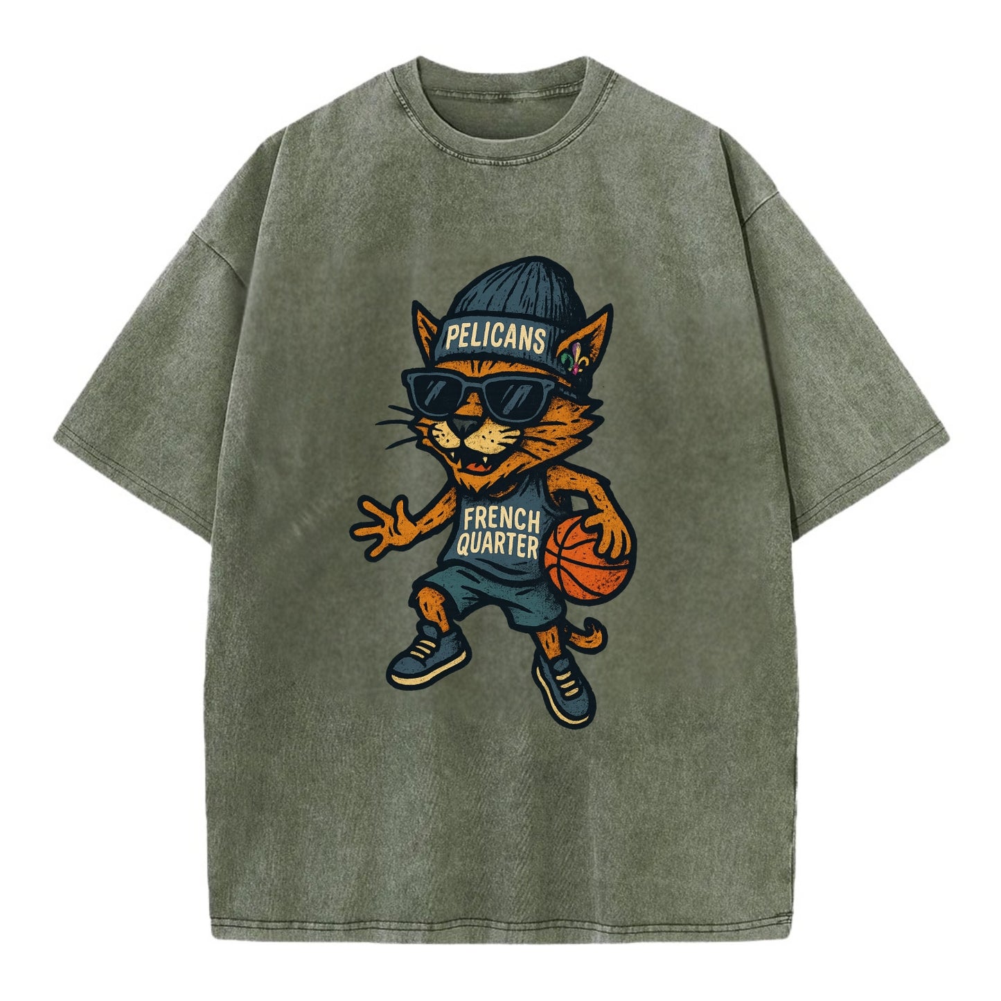 French Quarter Cat wearing Pelicans beanie with Mardi Gras patch and wayfarer - Vintage T-shirt - Army Green