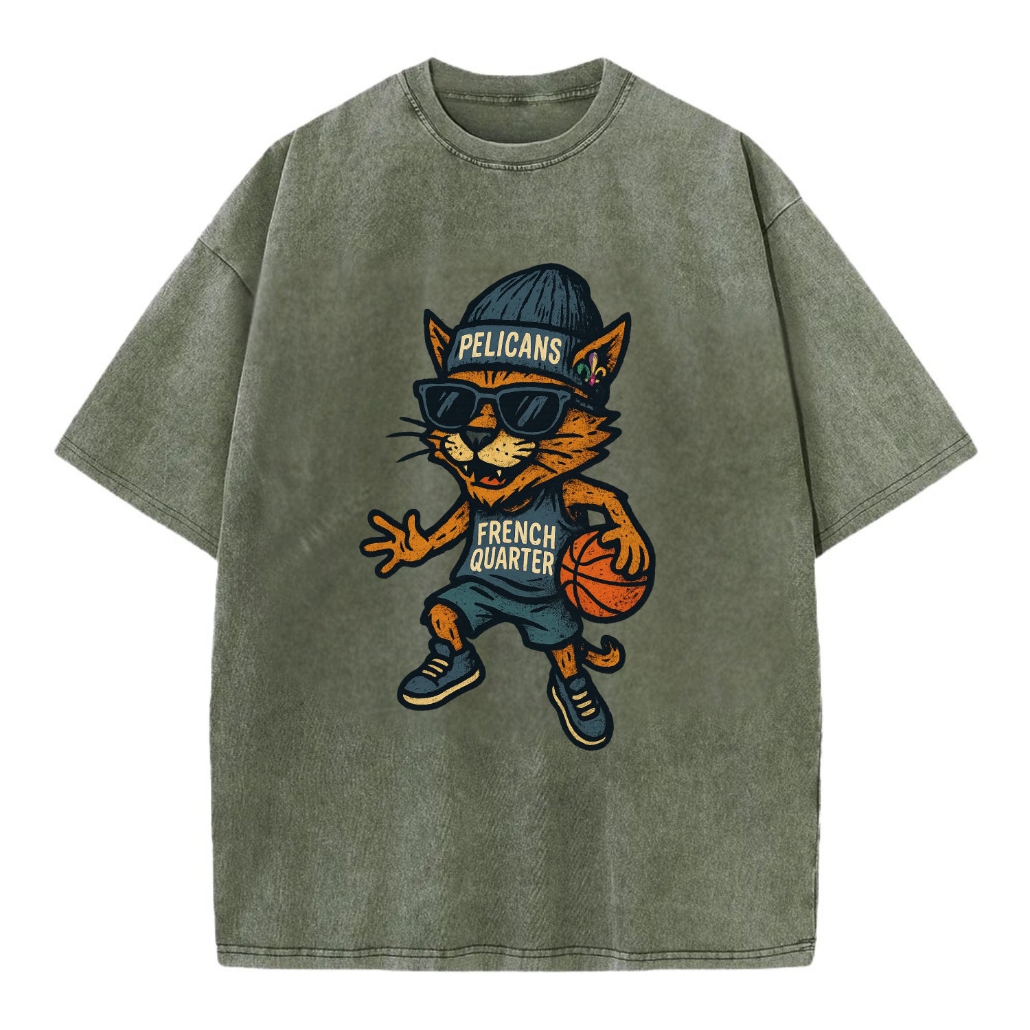 French Quarter Cat wearing Pelicans beanie with Mardi Gras patch and wayfarer - Vintage T-shirt - Army Green