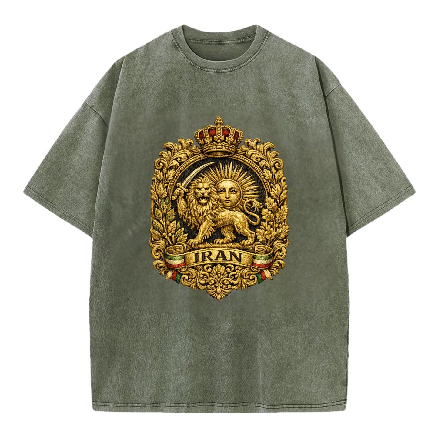 Iran Lion Sun Badge - Vintage T-shirt - Army Green