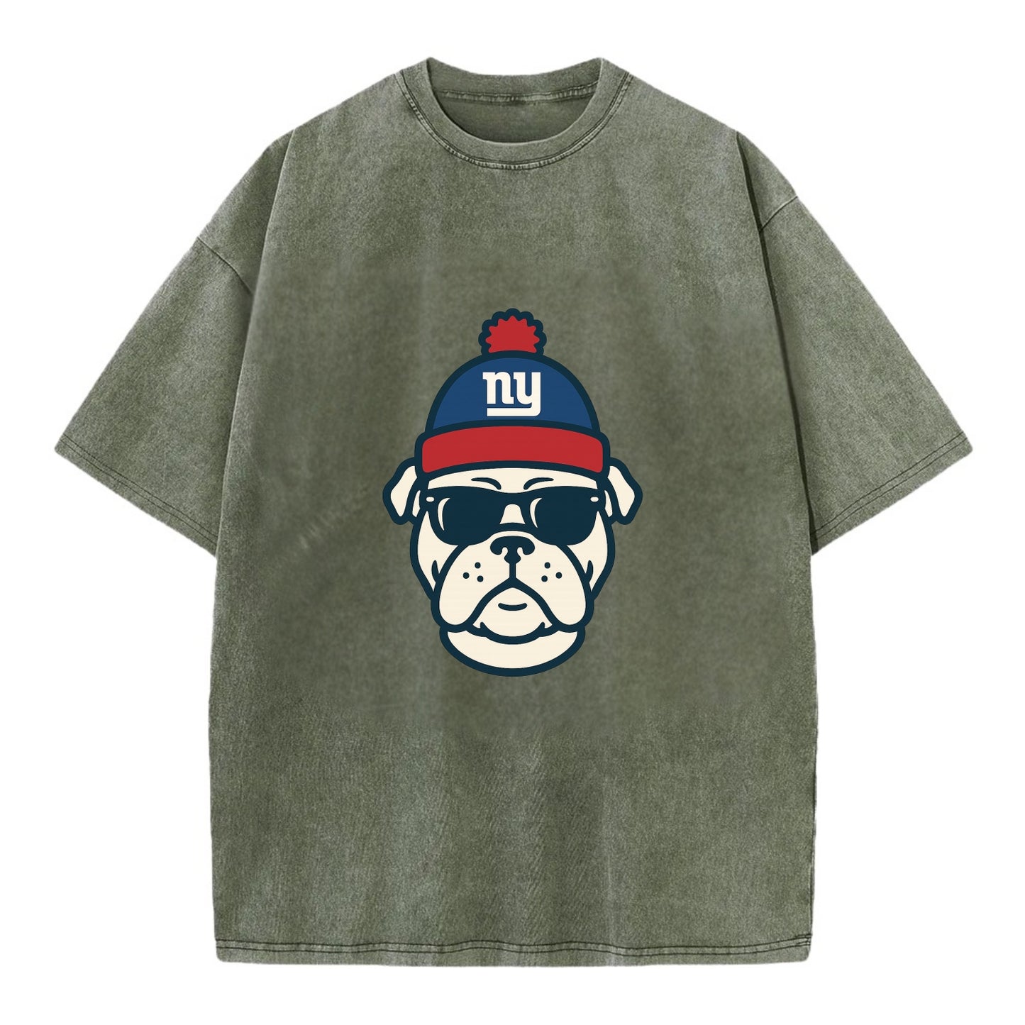New York Bulldog wearing Giants blue and red beanie with pom pom and wayfarer - Vintage T-shirt - Army Green