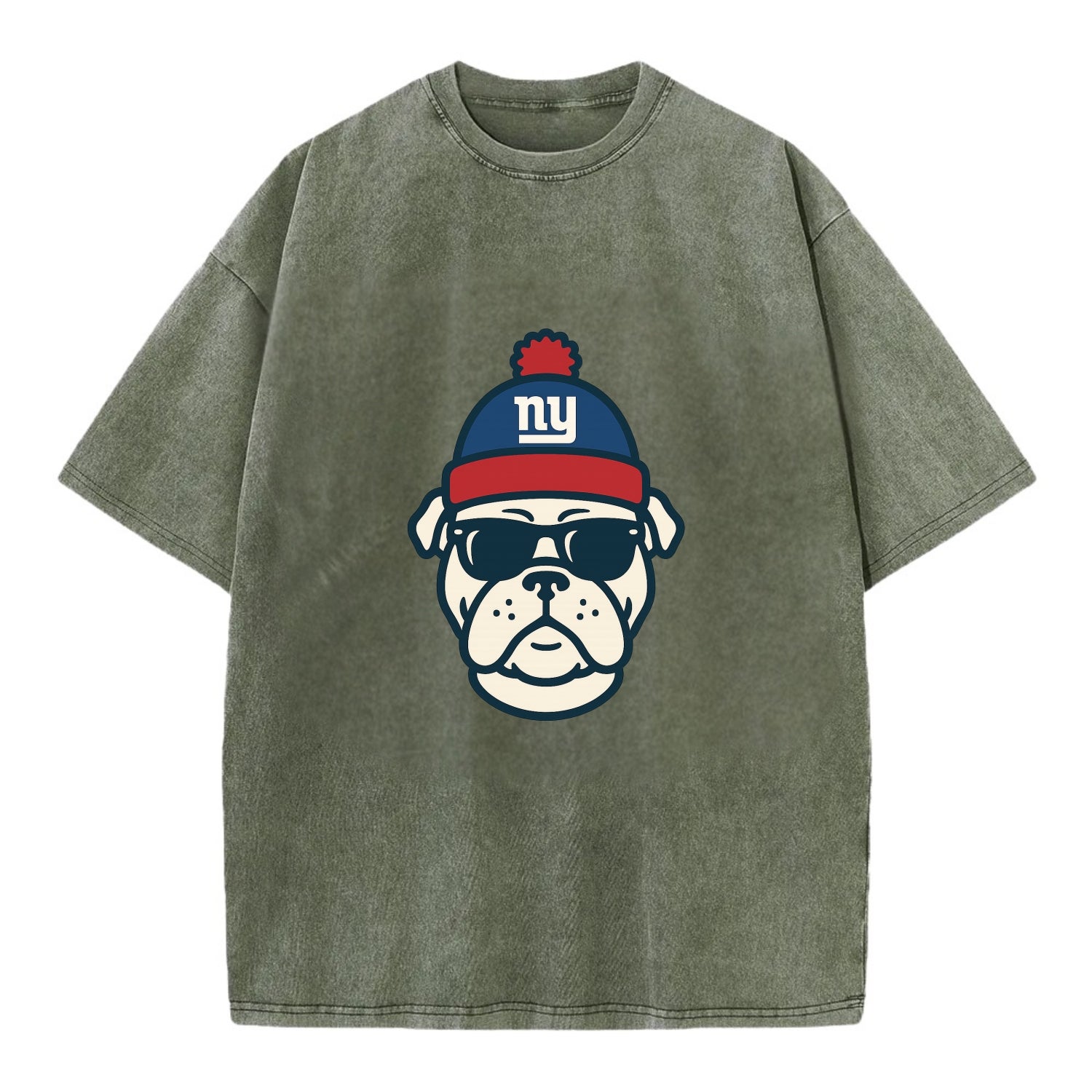 New York Bulldog wearing Giants blue and red beanie with pom pom and wayfarer - Vintage T-shirt - Army Green