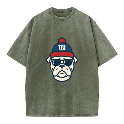 New York Bulldog wearing Giants blue and red beanie with pom pom and wayfarer - Vintage T-shirt - Army Green