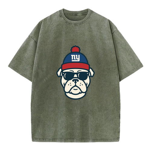 New York Bulldog wearing Giants blue and red beanie with pom pom and wayfarer - Vintage T-shirt
