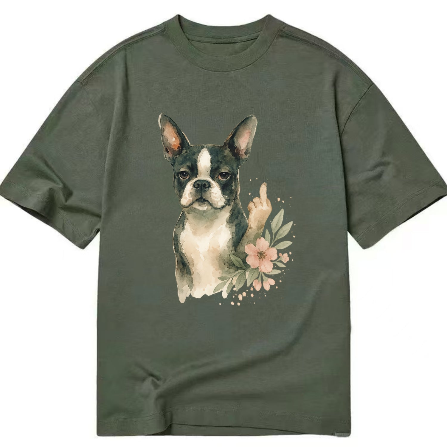 Boston Terrier with tuxedo markings, perky ears, paw up giving sass - Classic T-shirt - Army Green