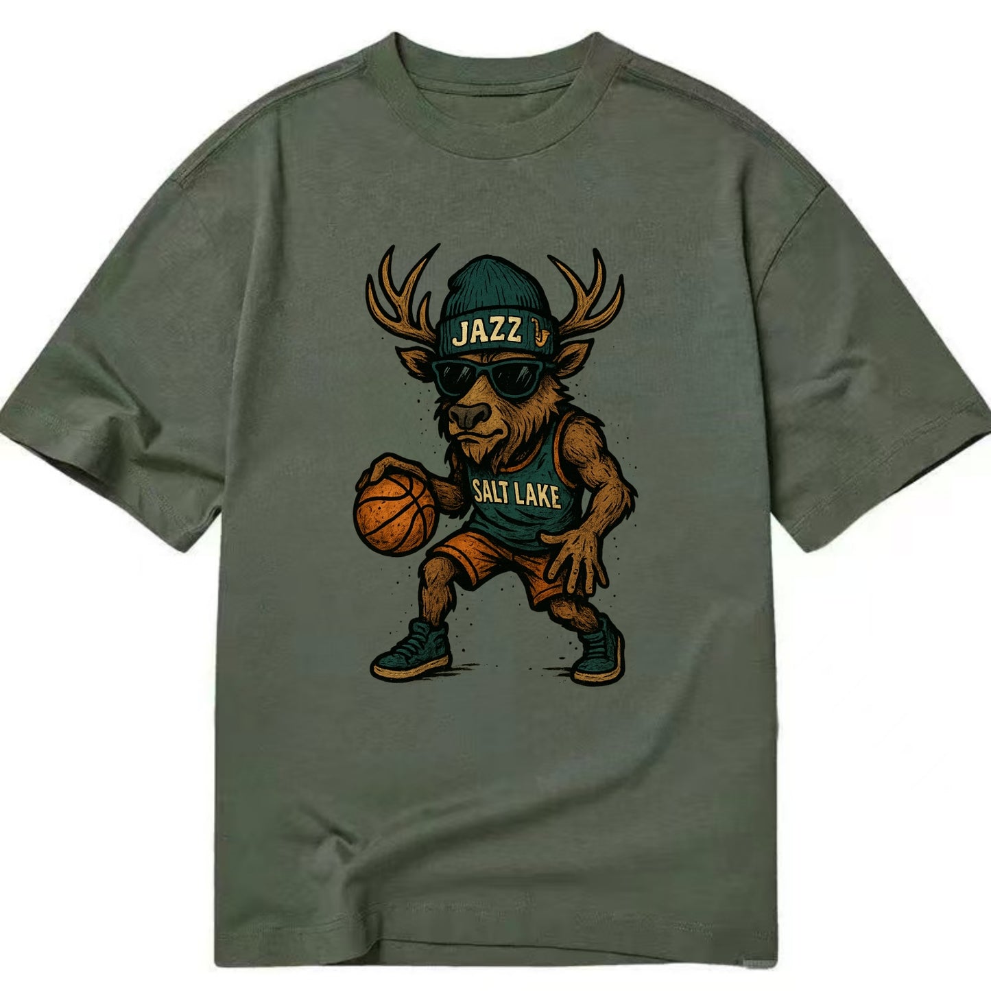 Salt Lake Elk wearing Jazz beanie with saxophone patch and wayfarer sunglasses - Classic T-shirt - Army Green