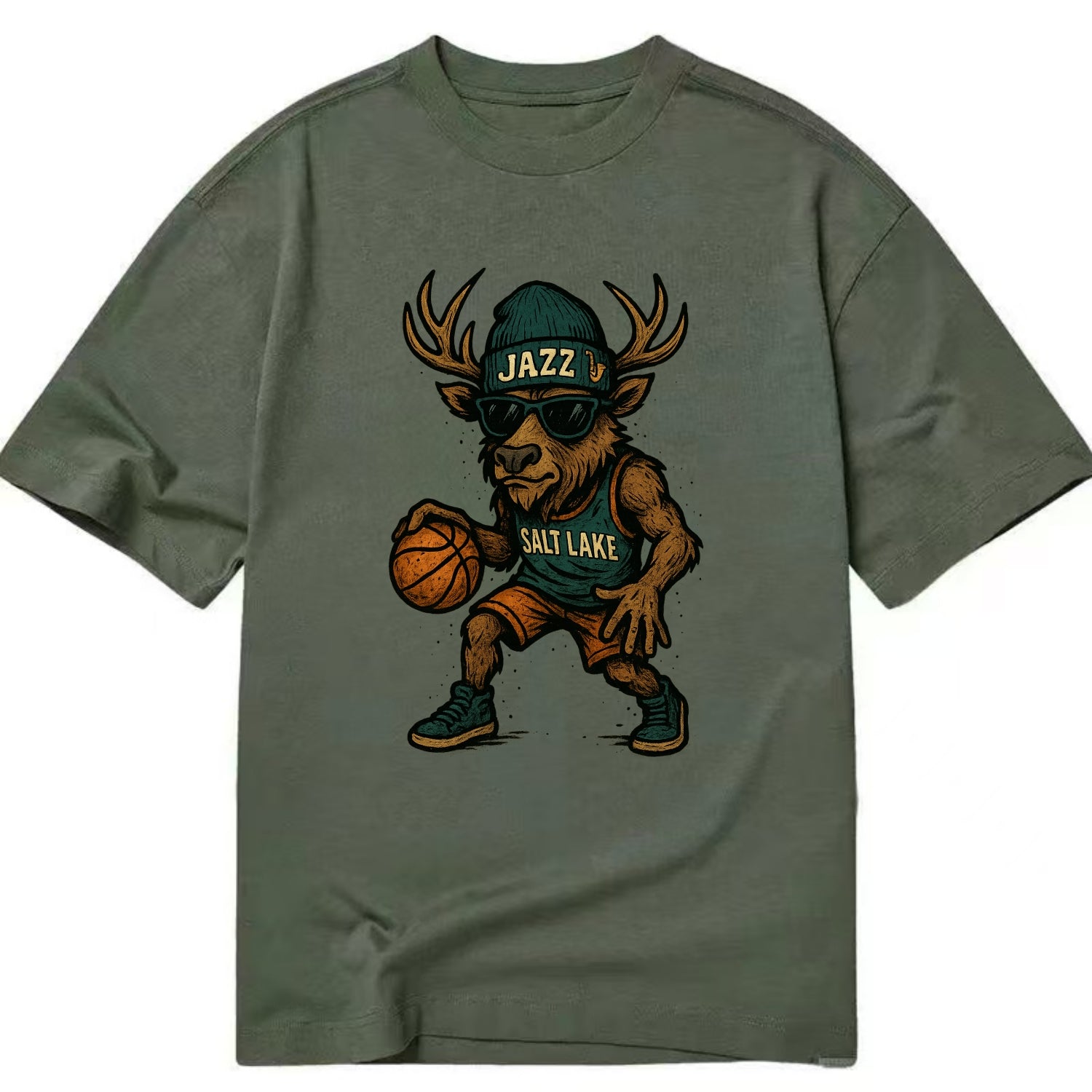 Salt Lake Elk wearing Jazz beanie with saxophone patch and wayfarer sunglasses - Classic T-shirt - Army Green