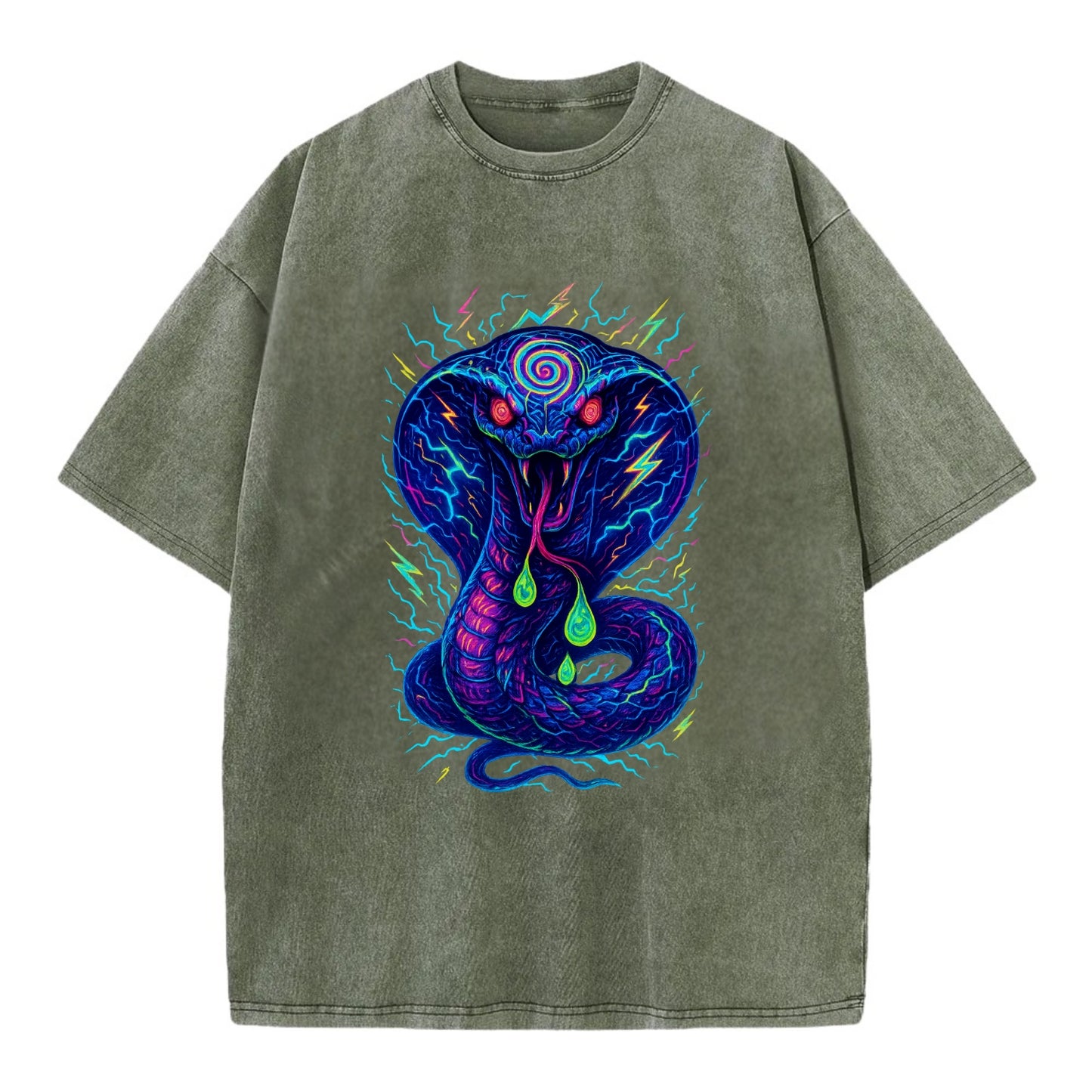Mesmerizing cobra with hypnotic spiral patterns in the hood, scales that shimmer - Vintage T-shirt - Army Green