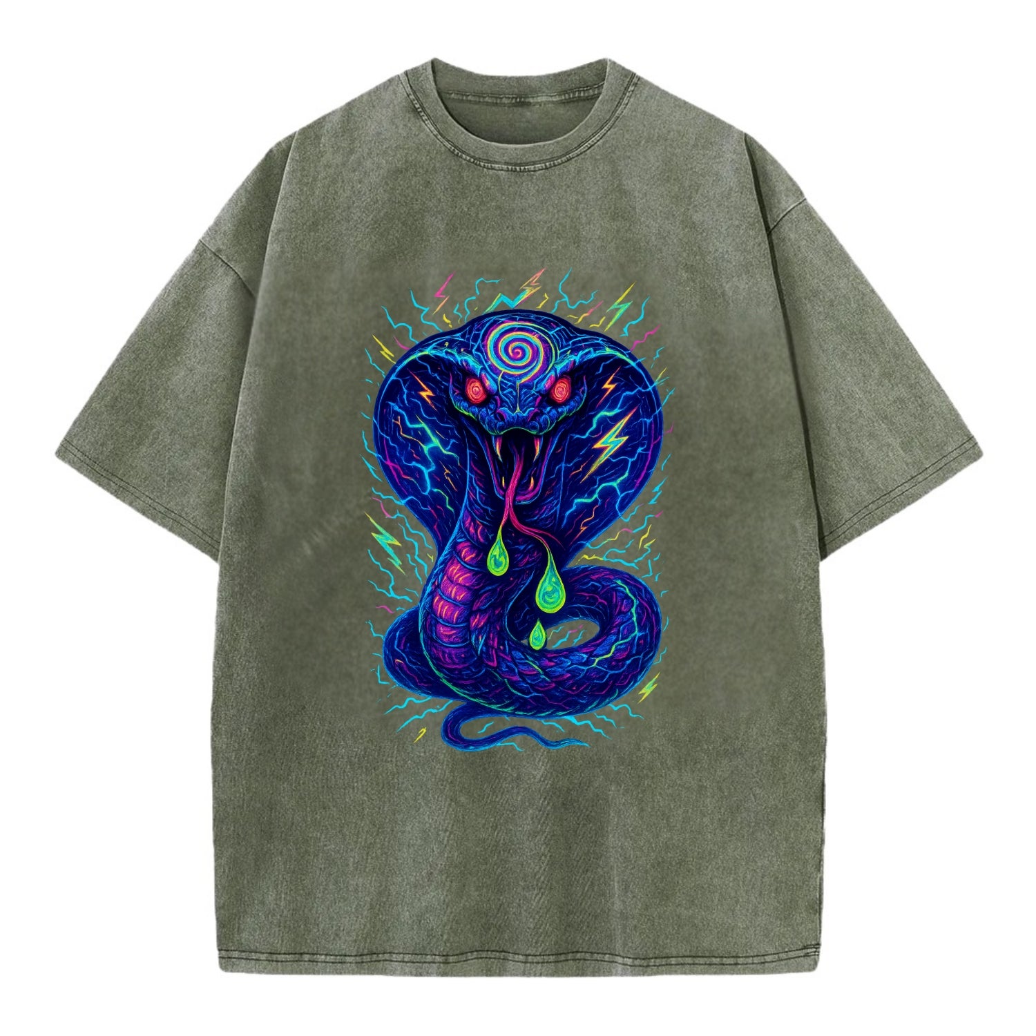 Mesmerizing cobra with hypnotic spiral patterns in the hood, scales that shimmer - Vintage T-shirt - Army Green