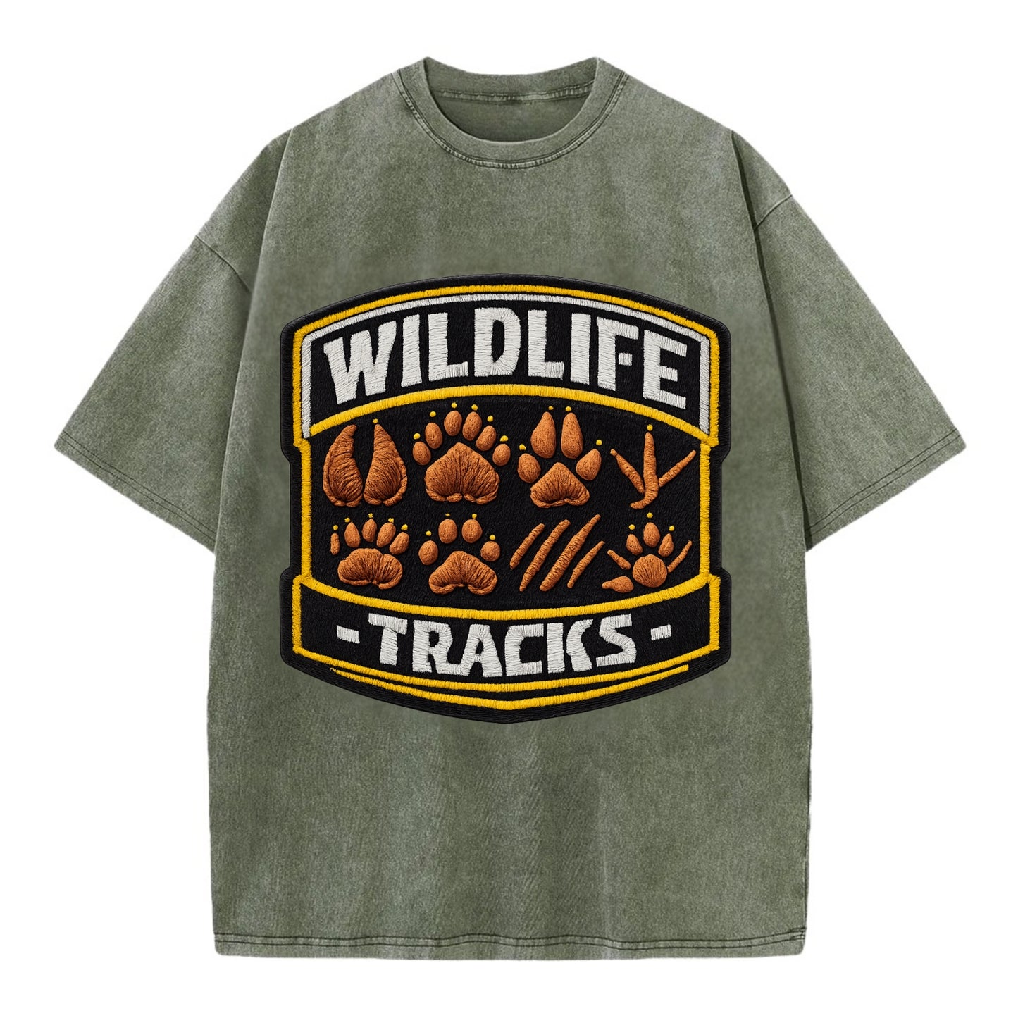 WILDLIFE TRACKS - animal footprints in brown , tracker - Vintage T-shirt - Army Green